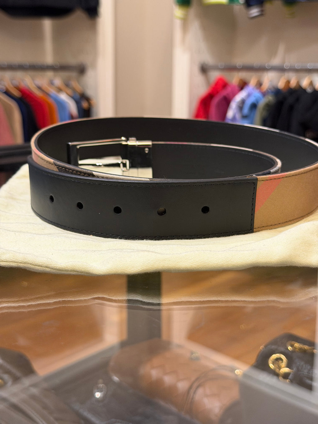 Burberry Reversible Silver Buckle Canvas Leather Belt