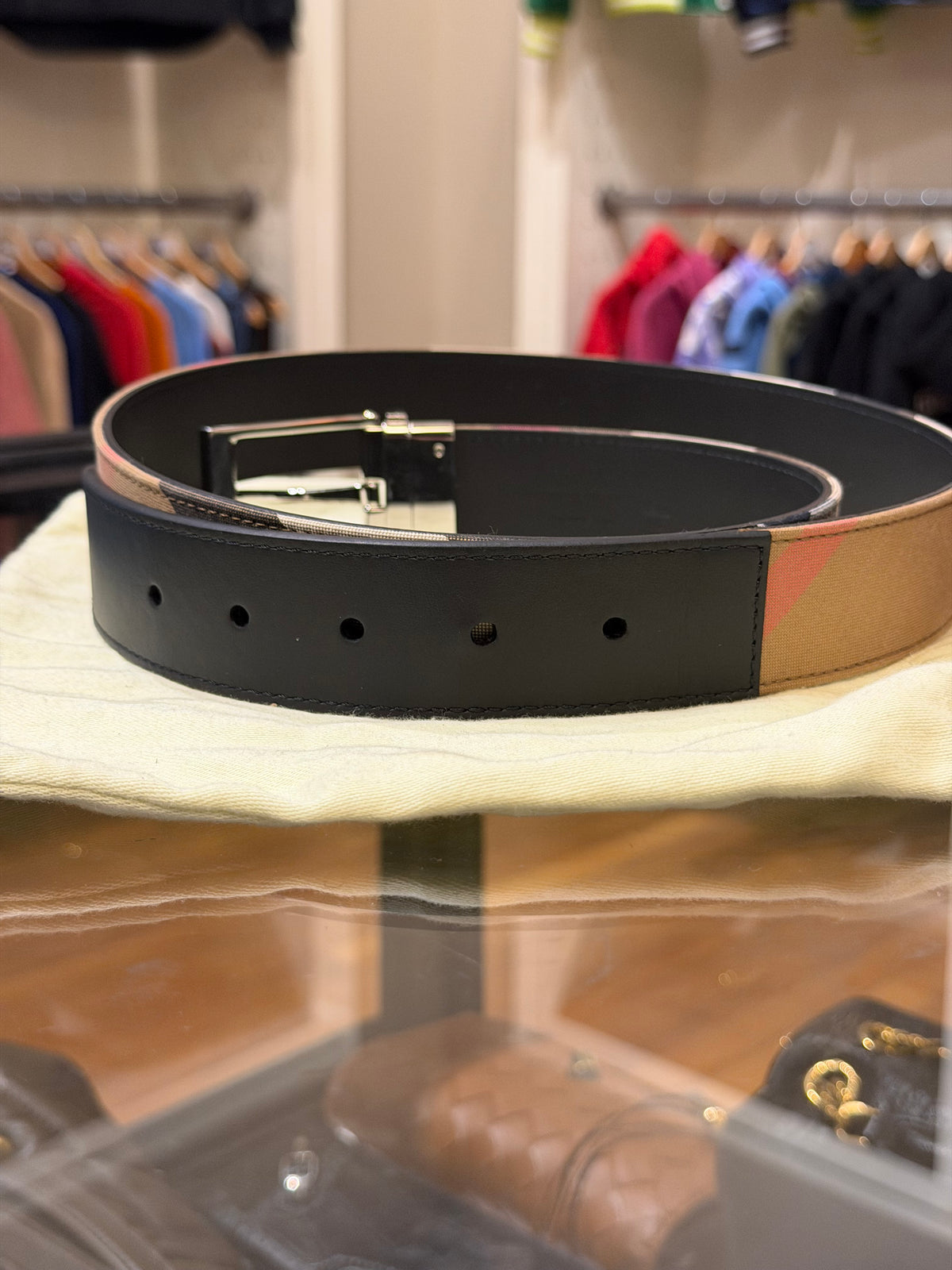 Burberry Reversible Silver Buckle Canvas Leather Belt