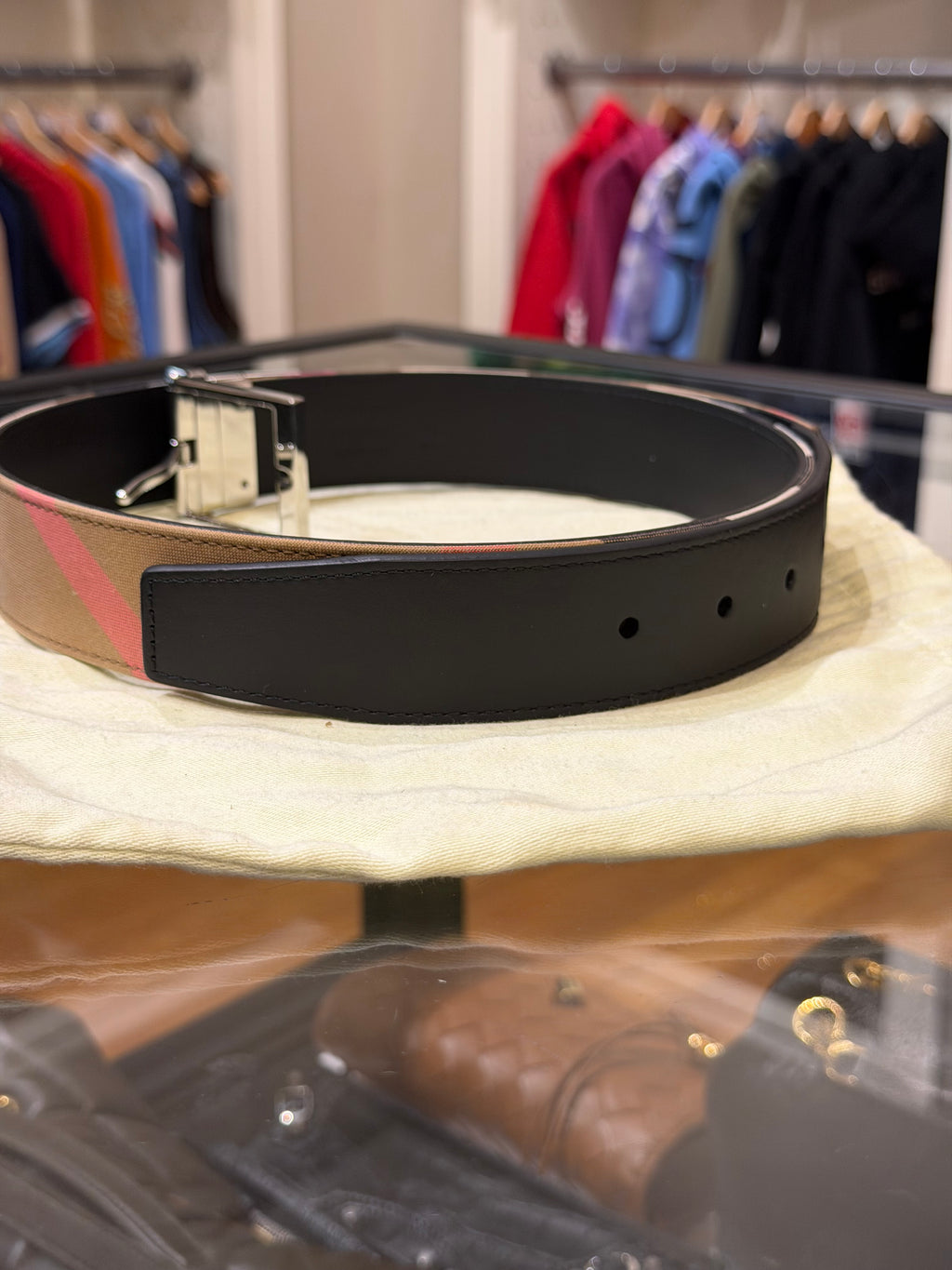 Burberry Reversible Silver Buckle Canvas Leather Belt