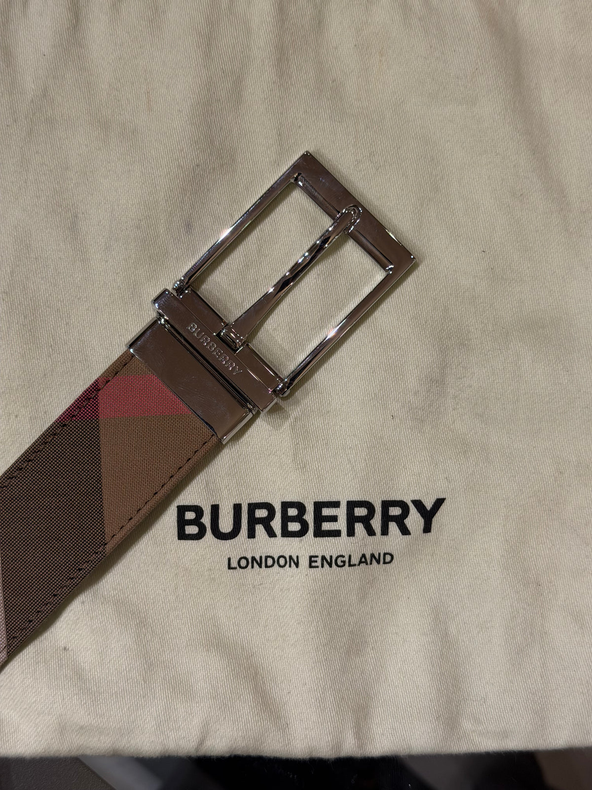 Burberry Reversible Silver Buckle Canvas Leather Belt