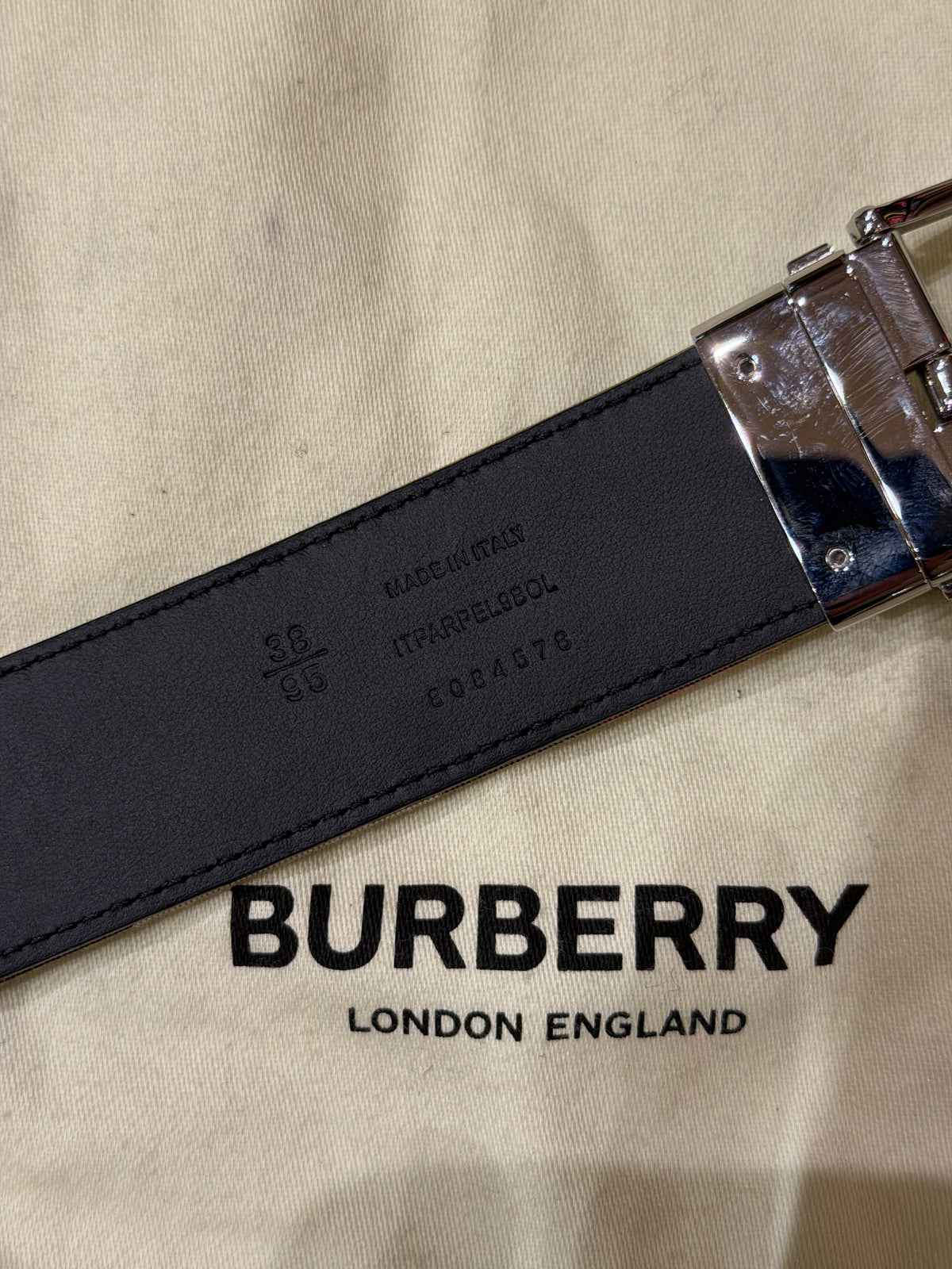 Burberry Reversible Silver Buckle Canvas Leather Belt