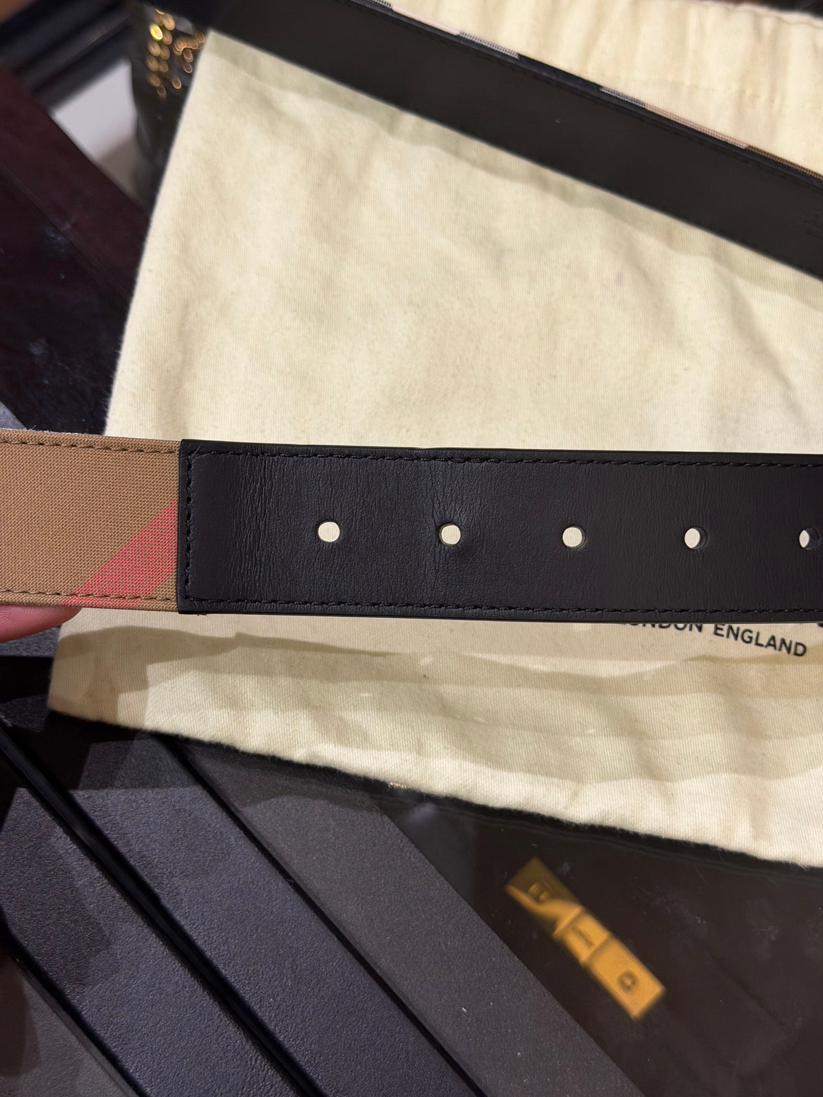 Burberry Reversible Silver Buckle Canvas Leather Belt