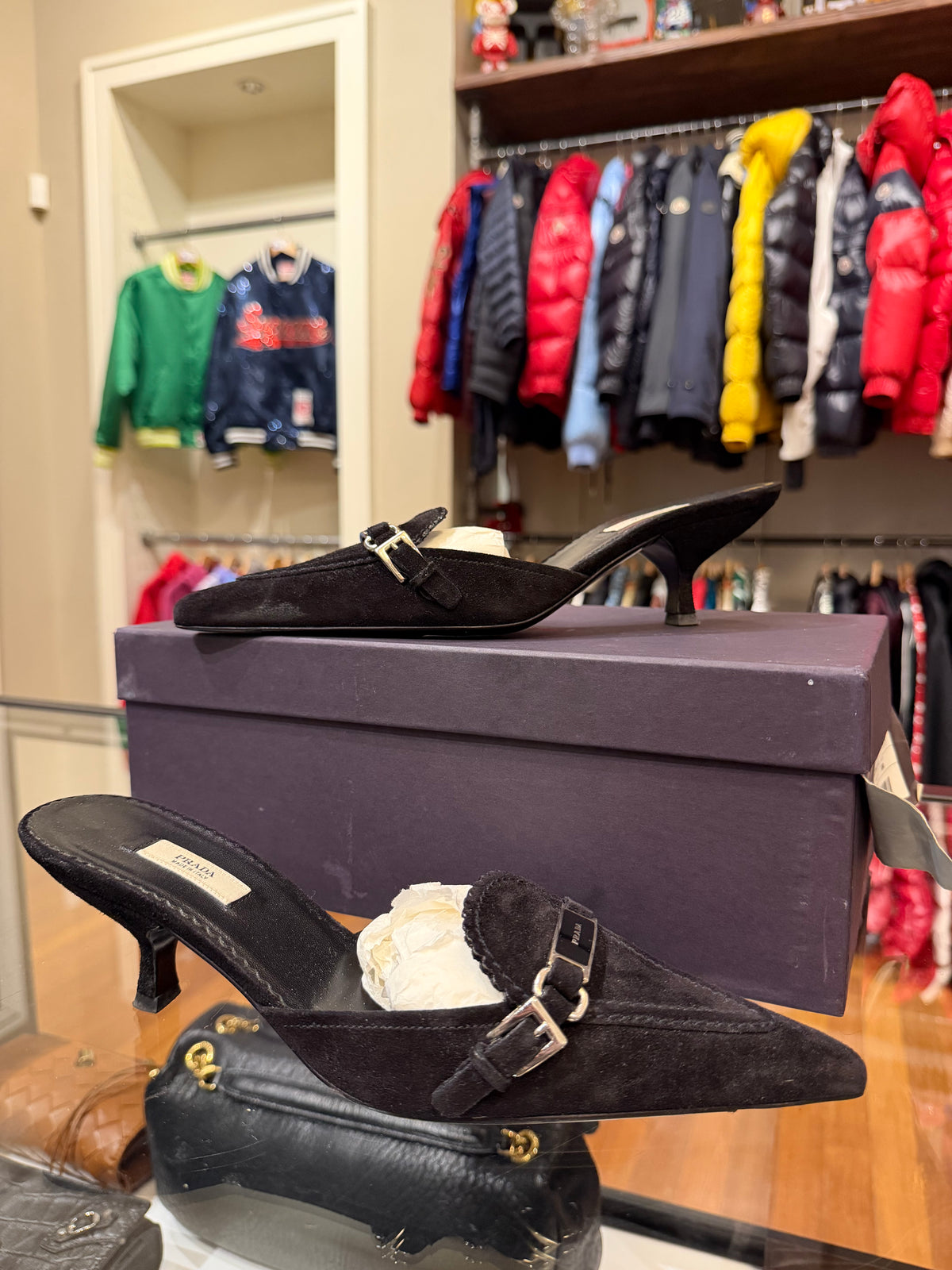 Prada Pointed Toe Suede Heels - Black