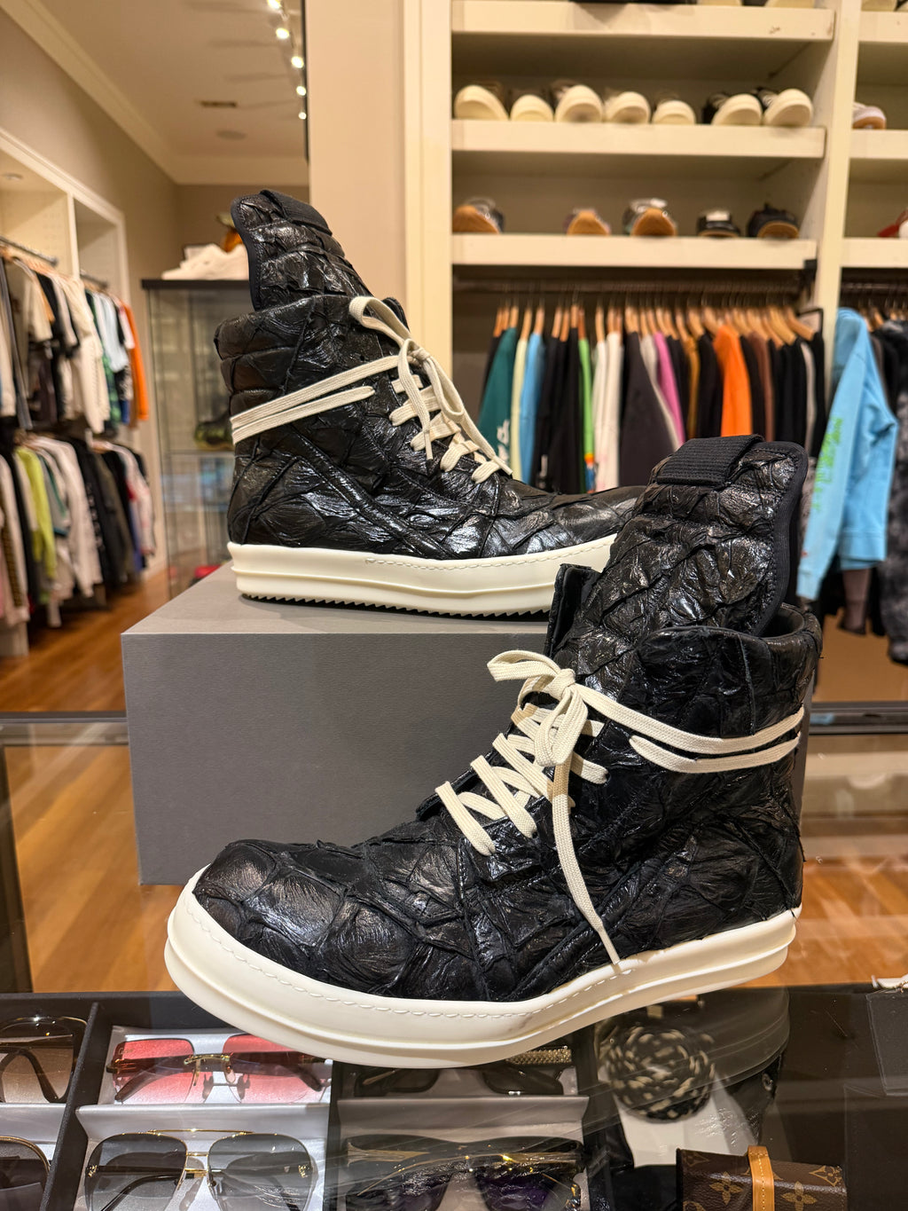 Rick Owens Pirarucu Skin GeoBasket Sneakers - Black/Milk