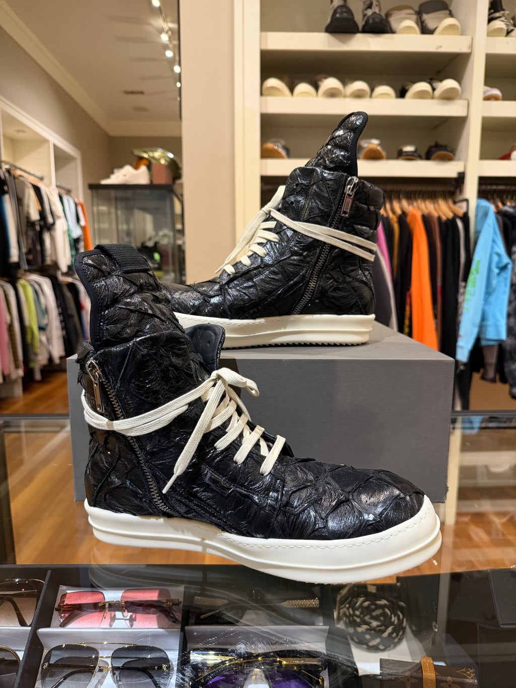 Rick Owens Pirarucu Skin GeoBasket Sneakers - Black/Milk