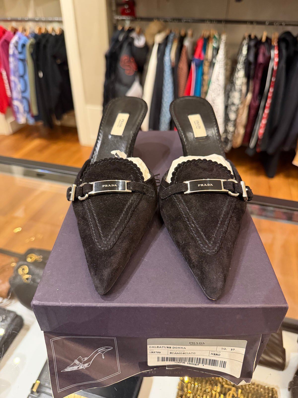 Prada Pointed Toe Suede Heels - Black