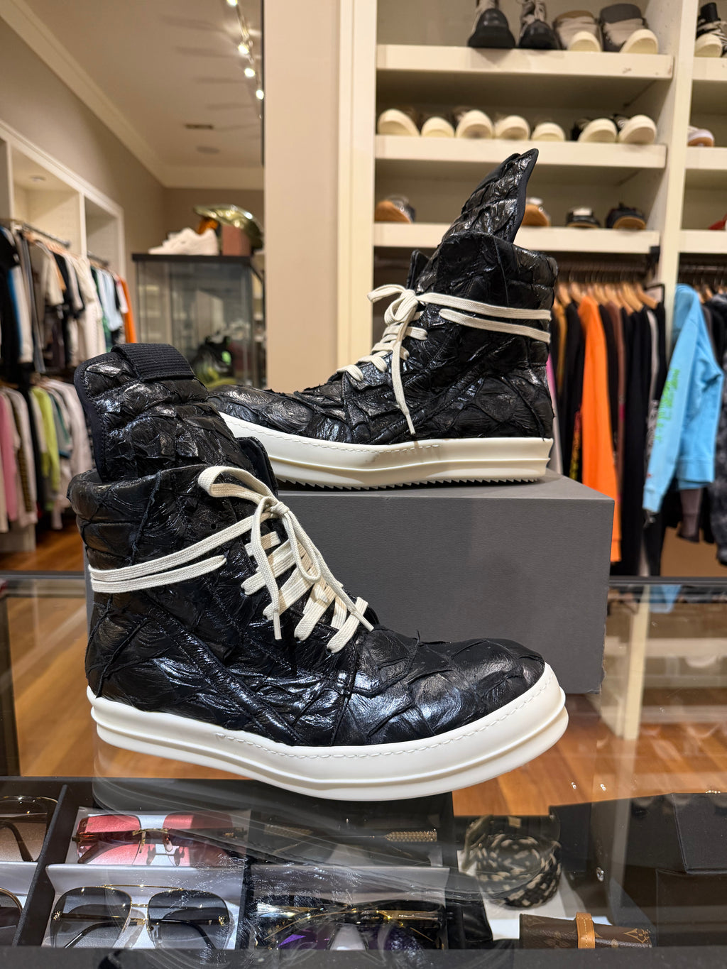 Rick Owens Pirarucu Skin GeoBasket Sneakers - Black/Milk