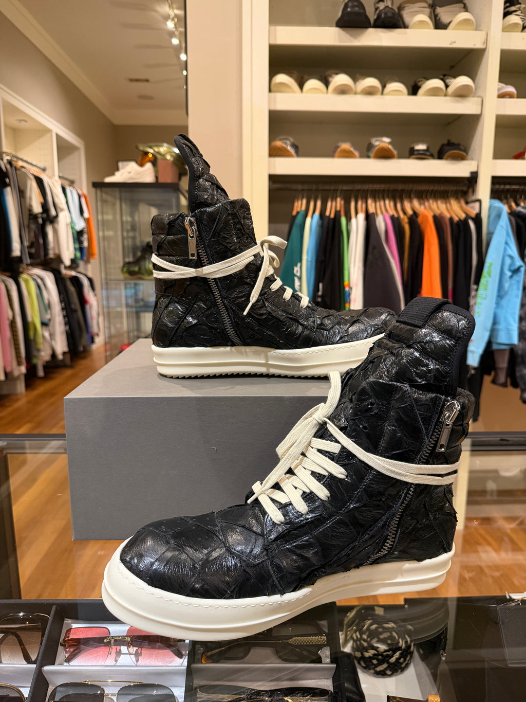 Rick Owens Pirarucu Skin GeoBasket Sneakers - Black/Milk
