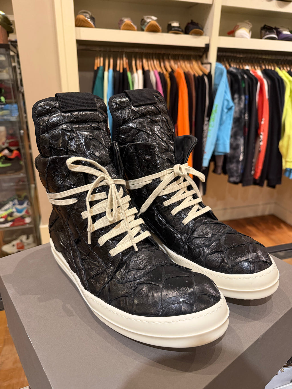 Rick Owens Pirarucu Skin GeoBasket Sneakers - Black/Milk