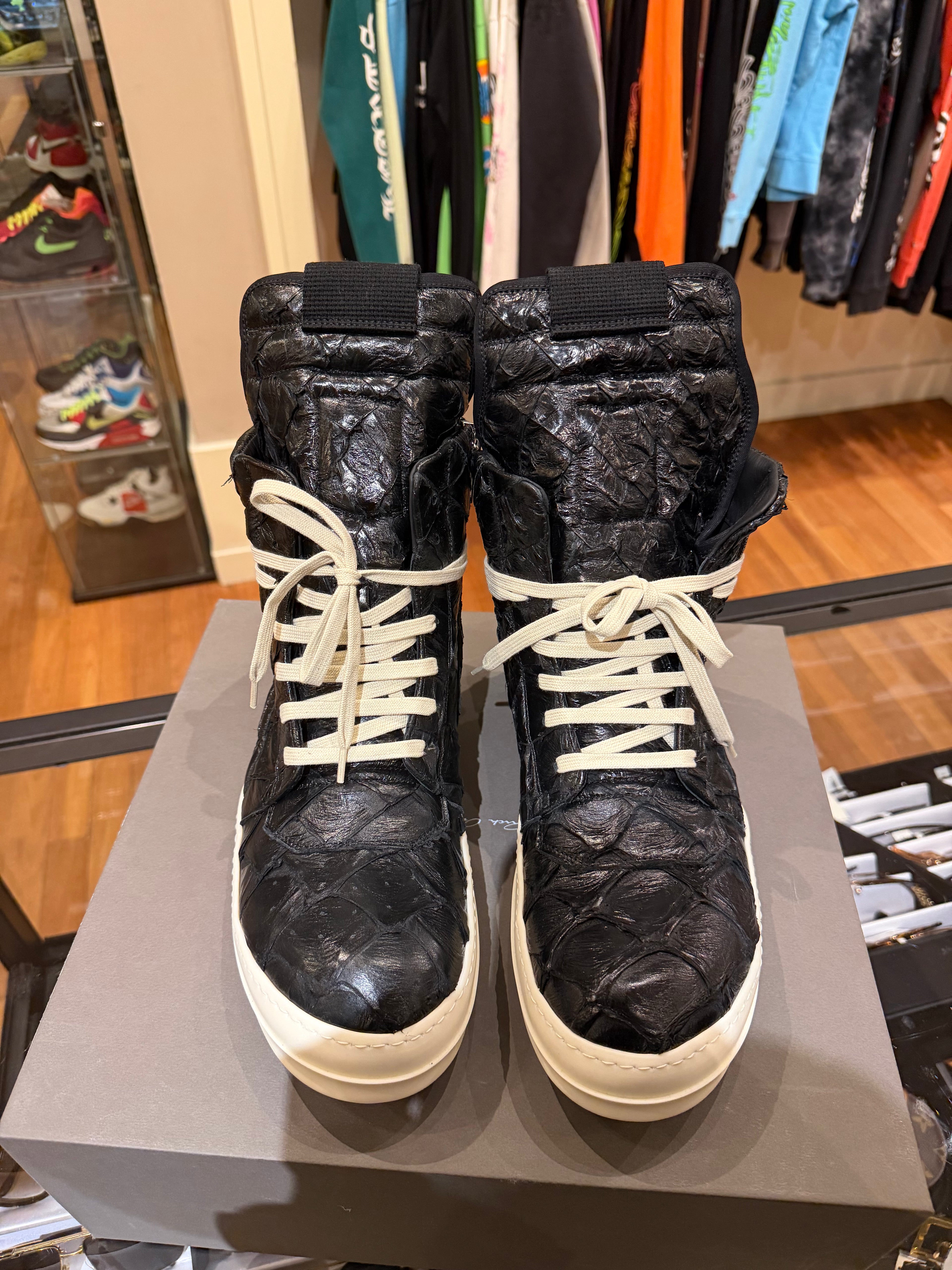 Rick Owens Pirarucu Skin GeoBasket Sneakers - Black/Milk
