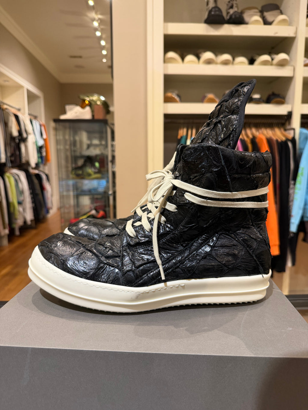 Rick Owens Pirarucu Skin GeoBasket Sneakers - Black/Milk