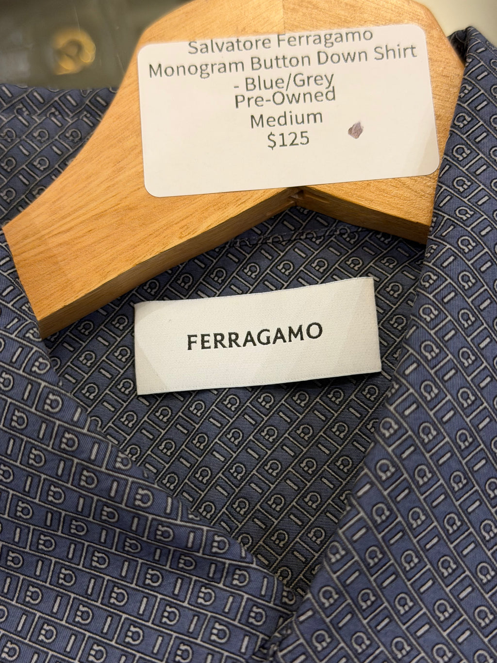 Salvatore Ferragamo Monogram Button Down Shirt- Blue/Grey