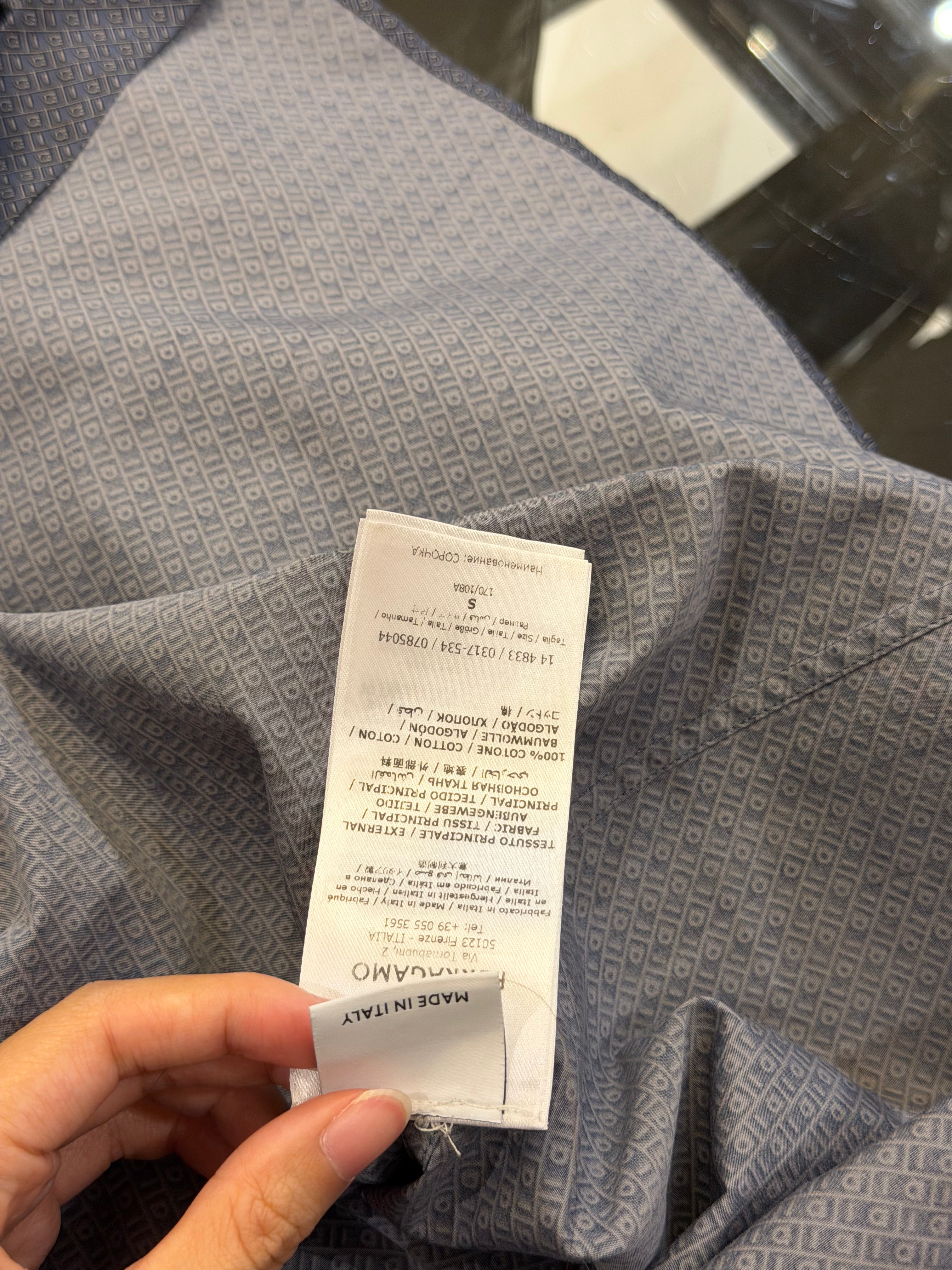 Salvatore Ferragamo Monogram Button Down Shirt- Blue/Grey