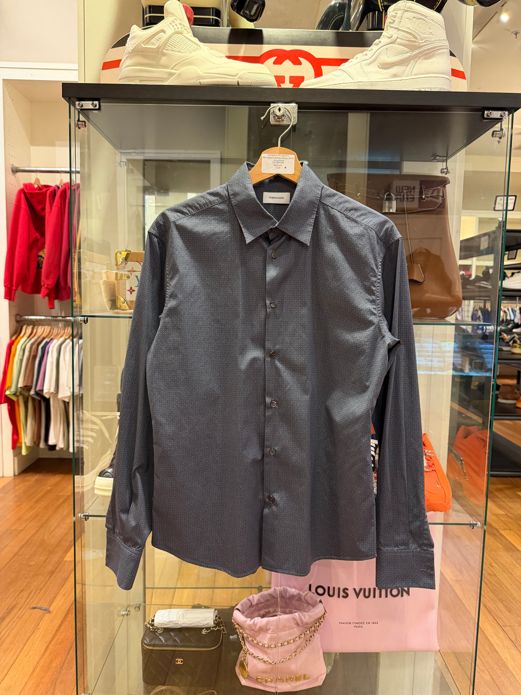 Salvatore Ferragamo Monogram Button Down Shirt- Blue/Grey