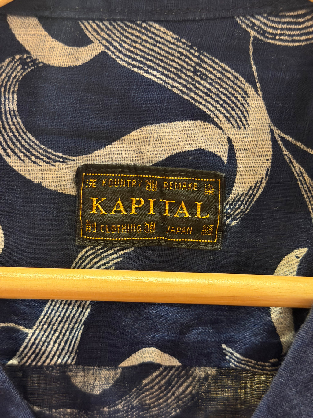 Kapital Okura Camp-Collar Printed Linen Shirt - Navy