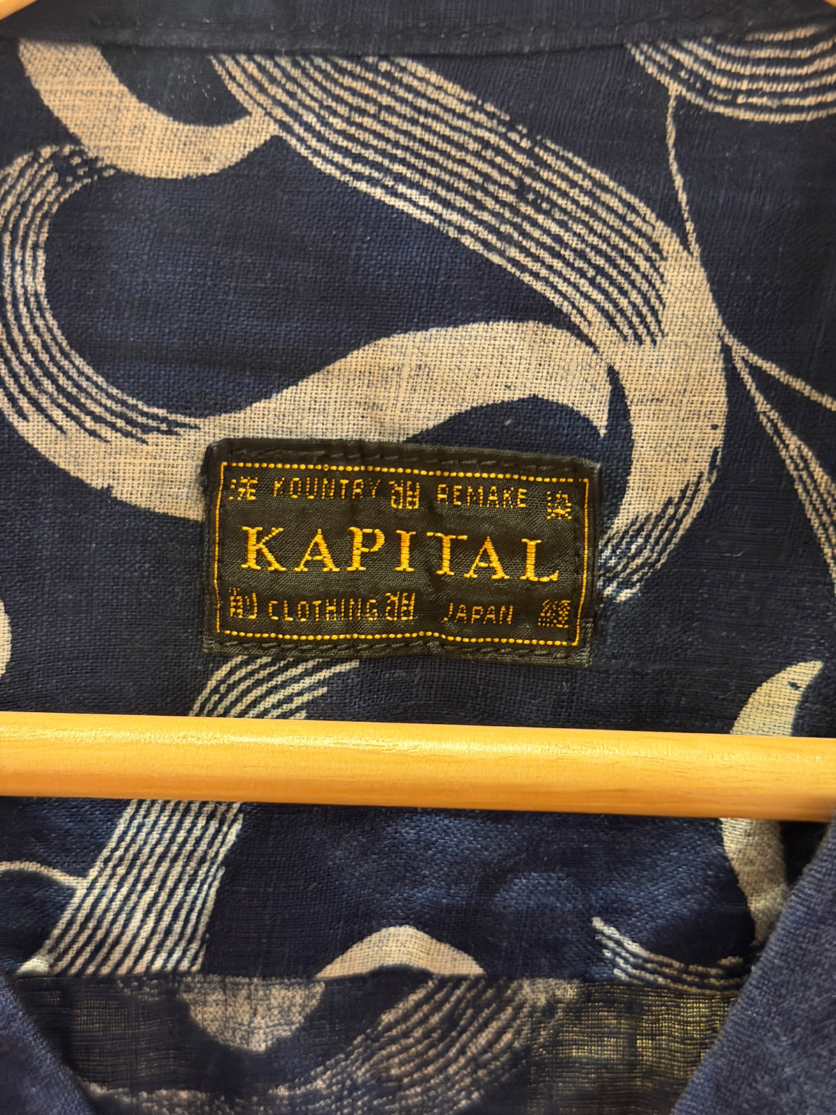 Kapital Okura Camp-Collar Printed Linen Shirt - Navy