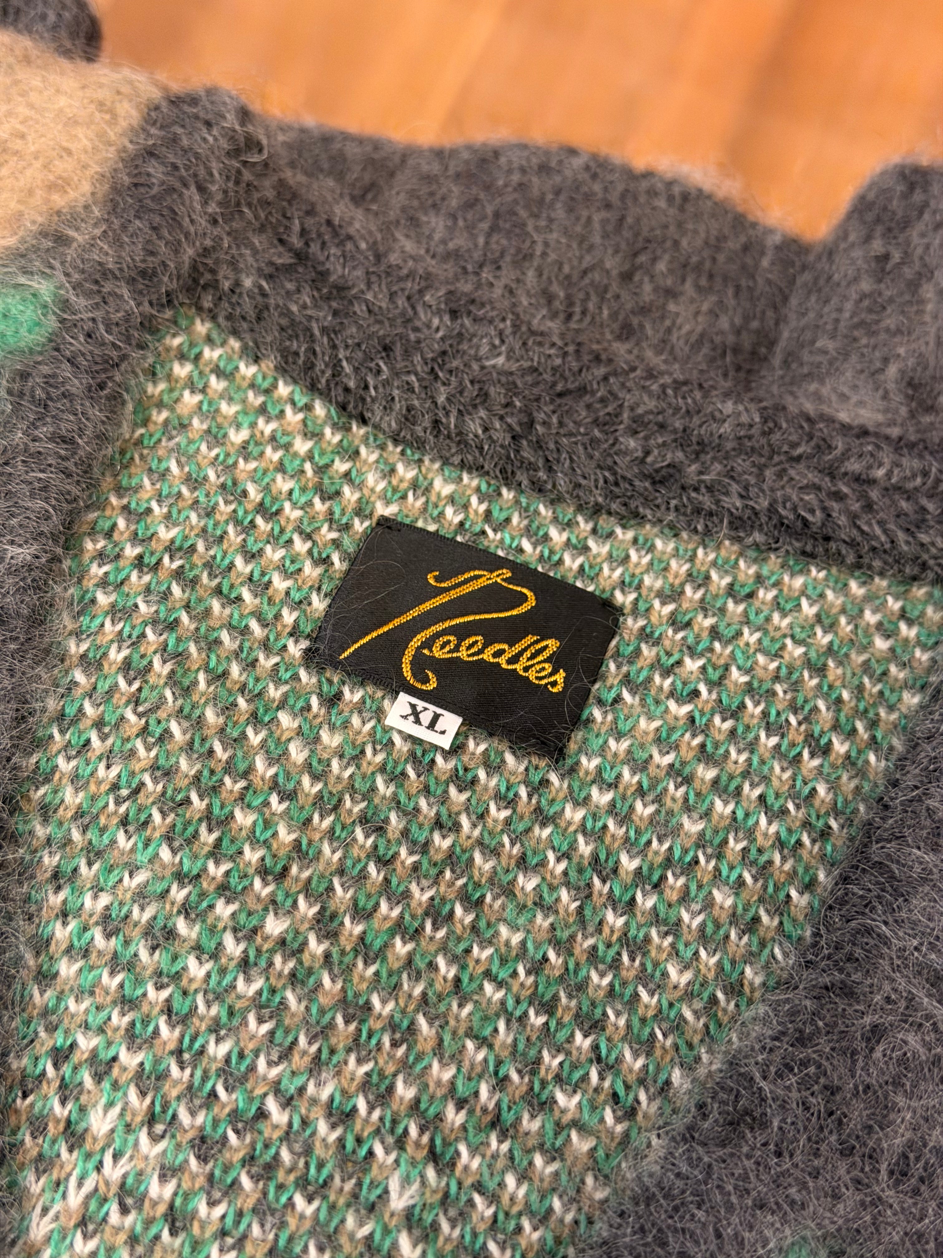 Needles x Hidden NY Mohair Cardigan in Charcoal Psychedelic Diamond Pattern