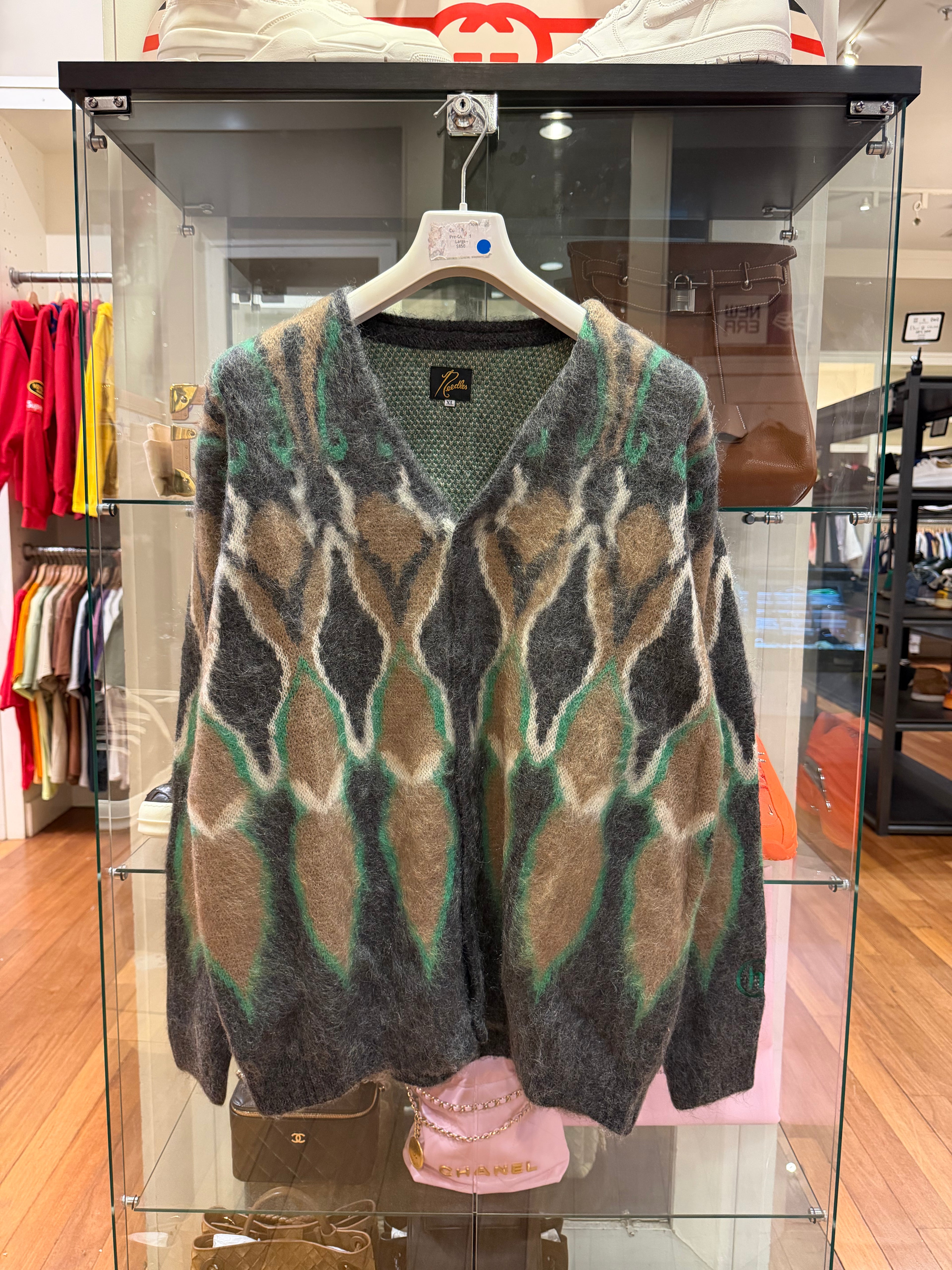 Needles x Hidden NY Mohair Cardigan in Charcoal Psychedelic Diamond Pattern